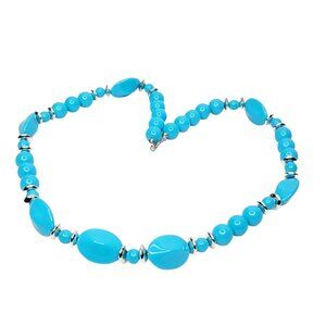 Vintage Beaded Necklace Blue Acrylic Silver Tone Round Oblong 23"